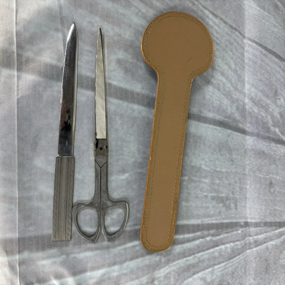 VTG Solingen Germany Engraved Scissors Letter Opener Set Leather Sheath